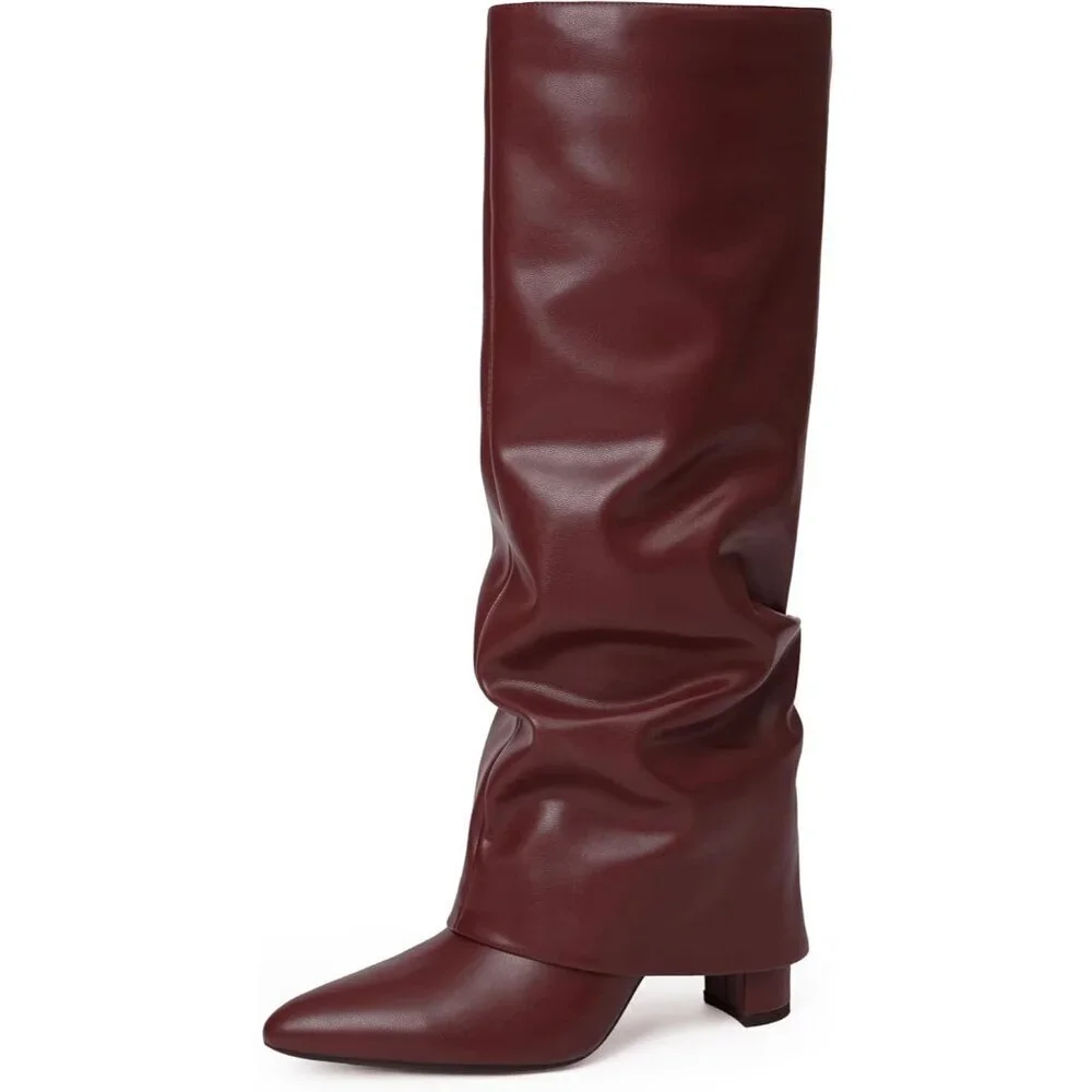 Women Burgundy Slouchy Faux Leather Fold Over Knee High Chunky High Heels Boot